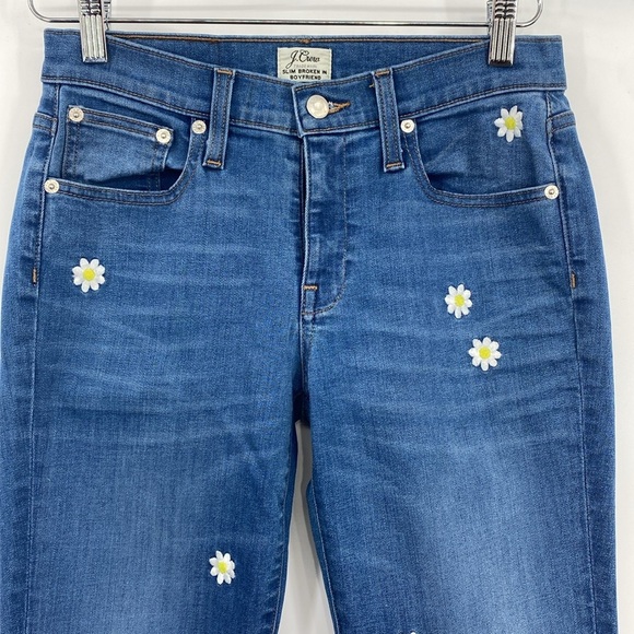 J. Crew Slim Broken in Boyfriend Jeans Womens 24 Floral Skinny Embroidered Daisy - Picture 2 of 14